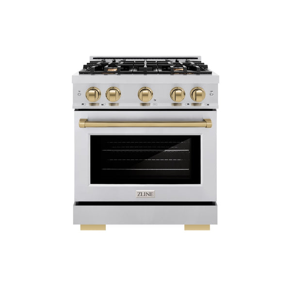 ZLINE Autograph Edition 30 in. 4.2 cu. ft. Select Gas Range with 4 Burner Cooktop and Convection Gas Oven in Stainless Steel and Champagne Bronze Accents, Open Box-Great Condition