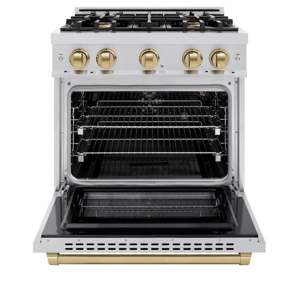 ZLINE Autograph Edition 30 in. 4.2 cu. ft. Select Gas Range with 4 Burner Cooktop and Convection Gas Oven in Stainless Steel and Champagne Bronze Accents, Open Box-Great Condition