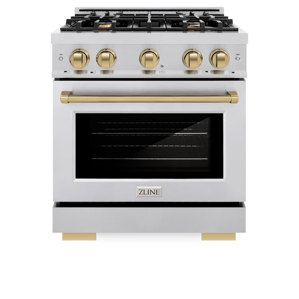 ZLINE Autograph Edition 30 in. 4.2 cu. ft. Select Gas Range with 4 Burner Cooktop and Convection Gas Oven in Stainless Steel and Champagne Bronze Accents, Open Box-Great Condition
