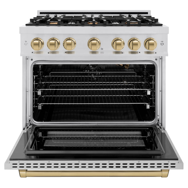 ZLINE Autograph Edition 36 in. 5.2 cu. ft. Select Gas Range with 6 Burner Cooktop and Convection Gas Oven in Stainless Steel and Champagne Bronze Accents, Open Box-Great Condition