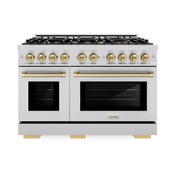 ZLINE Autograph Edition 48 in. 6.7 cu. ft. Select Double Oven Gas Range with 8 Burner Cooktop in Stainless Steel and Champagne Bronze Accents, Open Box-Great Condition