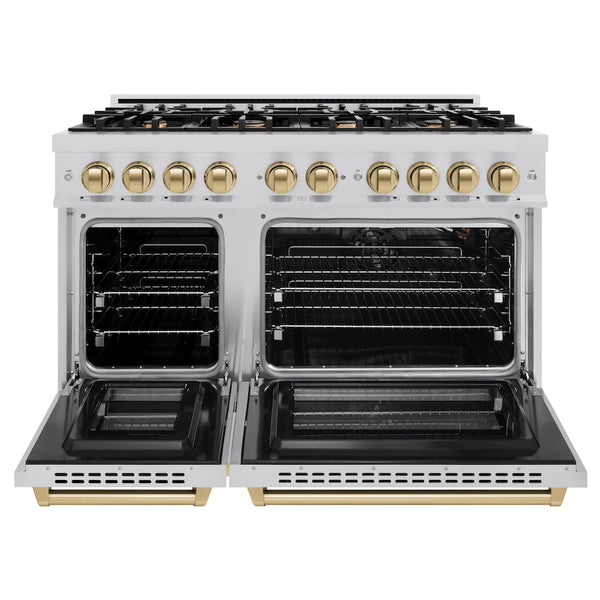 ZLINE Autograph Edition 48 in. 6.7 cu. ft. Select Double Oven Gas Range with 8 Burner Cooktop in Stainless Steel and Champagne Bronze Accents, Open Box-Great Condition