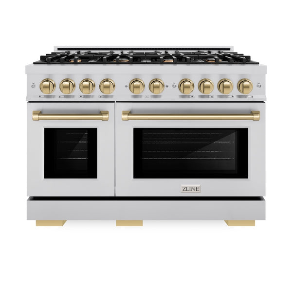 ZLINE Autograph Edition 48 in. 6.7 cu. ft. Select Double Oven Gas Range with 8 Burner Cooktop in Stainless Steel and Champagne Bronze Accents, Open Box-Great Condition