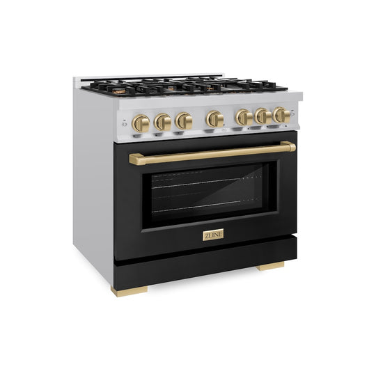 ZLINE Autograph Edition 36 in. 5.2 cu. ft. Select Gas Range with 6 Burner Cooktop and Convection Gas Oven in Stainless Steel with Black Matte Door and Champagne Bronze Accents, Open Box-Great Condition