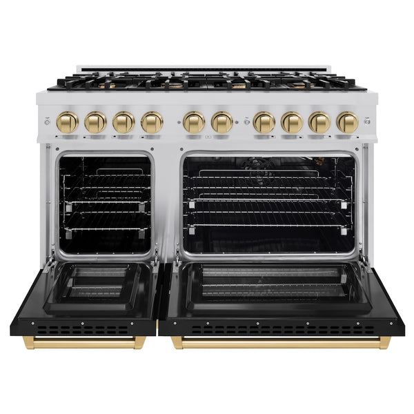 ZLINE Autograph Edition 48 in. 6.7 cu. ft. Select Double Oven Gas Range with 8 Burner Cooktop in Stainless Steel with Black Matte Doors and Champagne Bronze Accents, Open Box-Great Condition