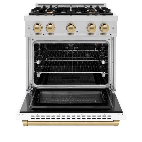 ZLINE Autograph Edition 30 in. 4.2 cu. ft. Select Gas Range with 4 Burner Cooktop and Convection Gas Oven in Stainless Steel with White Matte Door and Champagne Bronze Accents, Open Box-Great Condition