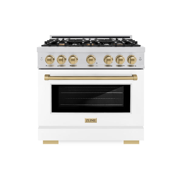 ZLINE Autograph Edition 36 in. 5.2 cu. ft. Select Gas Range with 6 Burner Cooktop and Convection Gas Oven in Stainless Steel with White Matte Door and Champagne Bronze Accents, Open Box-Great Condition