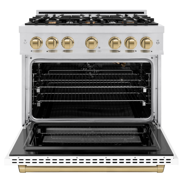 ZLINE Autograph Edition 36 in. 5.2 cu. ft. Select Gas Range with 6 Burner Cooktop and Convection Gas Oven in Stainless Steel with White Matte Door and Champagne Bronze Accents, Open Box-Great Condition