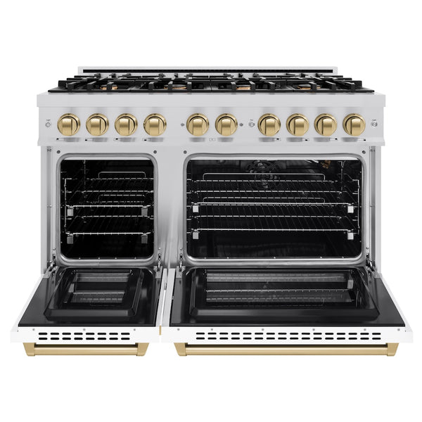 ZLINE Autograph Edition 48 in. 6.7 cu. ft. Select Double Oven Gas Range with 8 Burner Cooktop in Stainless Steel with White Matte Doors and Champagne Bronze Accents, Open Box-Great Condition