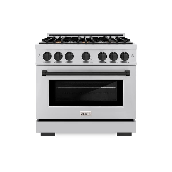 ZLINE Autograph Edition 36 in. 5.2 cu. ft. Select Gas Range with 6 Burner Cooktop and Convection Gas Oven in Stainless Steel and Matte Black Accents, Open Box-Great Condition