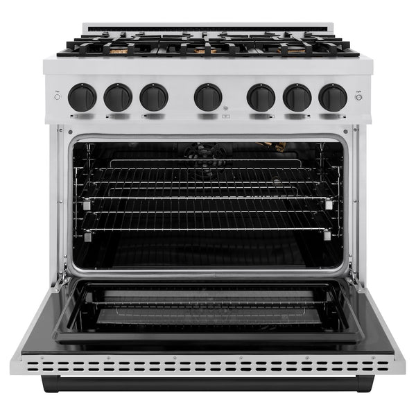 ZLINE Autograph Edition 36 in. 5.2 cu. ft. Select Gas Range with 6 Burner Cooktop and Convection Gas Oven in Stainless Steel and Matte Black Accents, Open Box-Great Condition