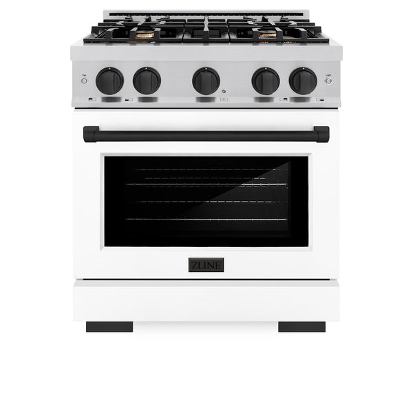 ZLINE Autograph Edition 30 in. 4.2 cu. ft. Select Gas Range with 4 Burner Cooktop and Convection Gas Oven in Stainless Steel with White Matte Door and Matte Black Accents, Open Box-Great Condition