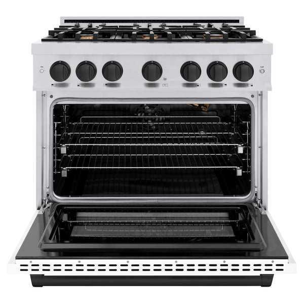 ZLINE Autograph Edition 36 in. 5.2 cu. ft. Select Gas Range with 6 Burner Cooktop and Convection Gas Oven in Stainless Steel with White Matte Door and Matte Black Accents, Open Box-Great Condition