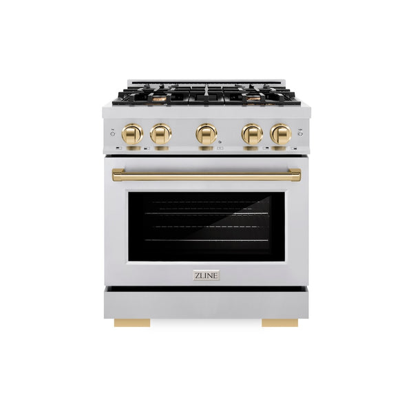 ZLINE Autograph Edition 30 in. 4.2 cu. ft. Select Gas Range with 4 Burner Cooktop and Convection Gas Oven in Stainless Steel and Polished Gold Accents, Open Box-Great Condition