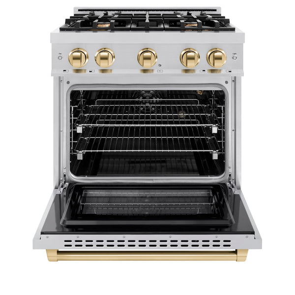 ZLINE Autograph Edition 30 in. 4.2 cu. ft. Select Gas Range with 4 Burner Cooktop and Convection Gas Oven in Stainless Steel and Polished Gold Accents, Open Box-Great Condition
