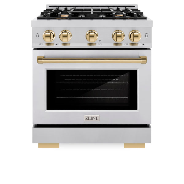 ZLINE Autograph Edition 30 in. 4.2 cu. ft. Select Gas Range with 4 Burner Cooktop and Convection Gas Oven in Stainless Steel and Polished Gold Accents, Open Box-Great Condition