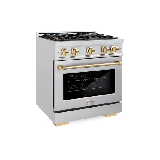 ZLINE Autograph Edition 30 in. 4.2 cu. ft. Select Gas Range with 4 Burner Cooktop and Convection Gas Oven in Stainless Steel and Polished Gold Accents, Open Box-Great Condition
