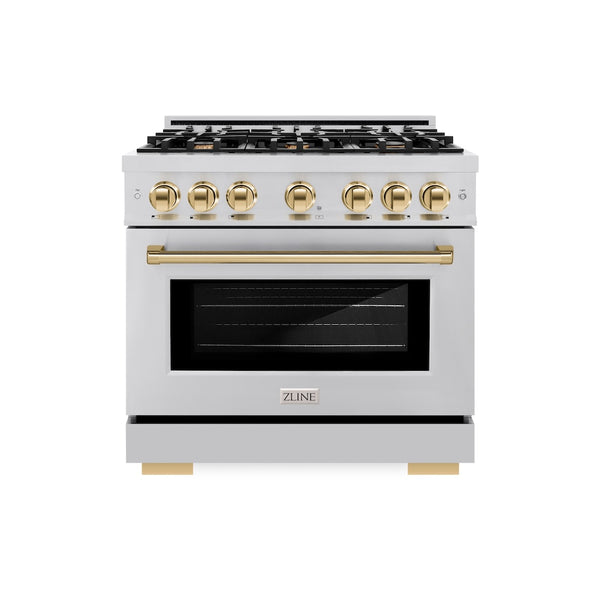 ZLINE Autograph Edition 36 in. 5.2 cu. ft. Select Gas Range with 6 Burner Cooktop and Convection Gas Oven in Stainless Steel and Polished Gold Accents, Open Box-Great Condition