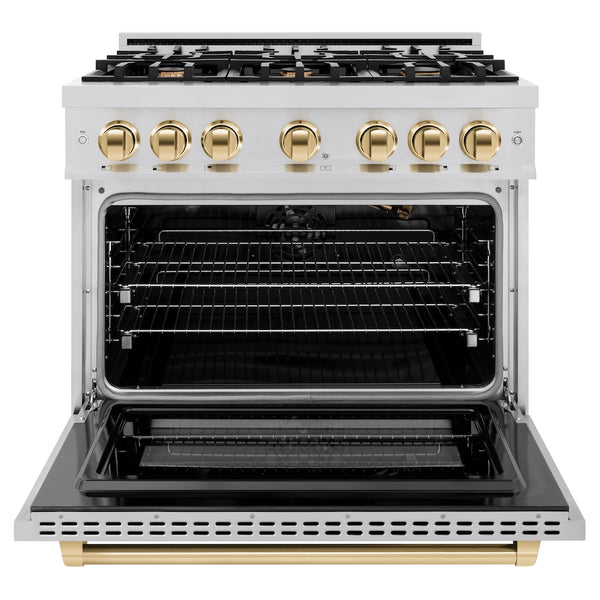ZLINE Autograph Edition 36 in. 5.2 cu. ft. Select Gas Range with 6 Burner Cooktop and Convection Gas Oven in Stainless Steel and Polished Gold Accents, Open Box-Great Condition