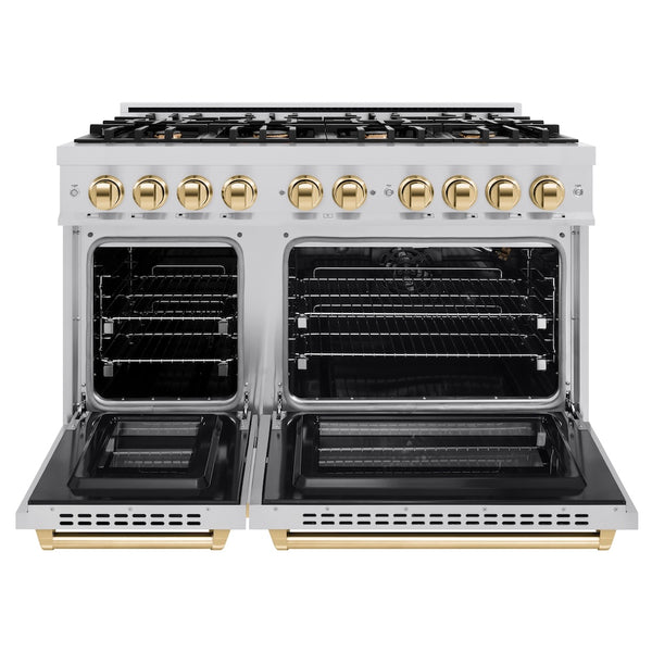 ZLINE Autograph Edition 48 in. 6.7 cu. ft. Select Double Oven Gas Range with 8 Burner Cooktop in Stainless Steel and Polished Gold Accents, Open Box-Great Condition