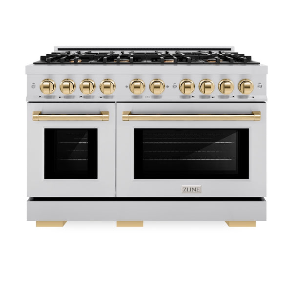 ZLINE Autograph Edition 48 in. 6.7 cu. ft. Select Double Oven Gas Range with 8 Burner Cooktop in Stainless Steel and Polished Gold Accents, Open Box-Great Condition