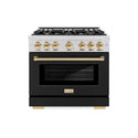 ZLINE Autograph Edition 36 in. 5.2 cu. ft. Select Gas Range with 6 Burner Cooktop and Convection Gas Oven in Stainless Steel with Black Matte Door and Polished Gold Accents, Open Box-Great Condition