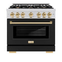 ZLINE Autograph Edition 36 in. 5.2 cu. ft. Select Gas Range with 6 Burner Cooktop and Convection Gas Oven in Stainless Steel with Black Matte Door and Polished Gold Accents, Open Box-Great Condition