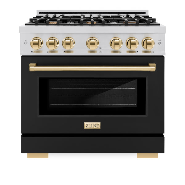 ZLINE Autograph Edition 36 in. 5.2 cu. ft. Select Gas Range with 6 Burner Cooktop and Convection Gas Oven in Stainless Steel with Black Matte Door and Polished Gold Accents, Open Box-Great Condition