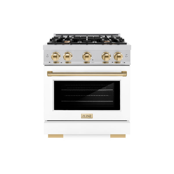 ZLINE Autograph Edition 30 in. 4.2 cu. ft. Select Gas Range with 4 Burner Cooktop and Convection Gas Oven in Stainless Steel with White Matte Door and Polished Gold Accents, Open Box-Great Condition