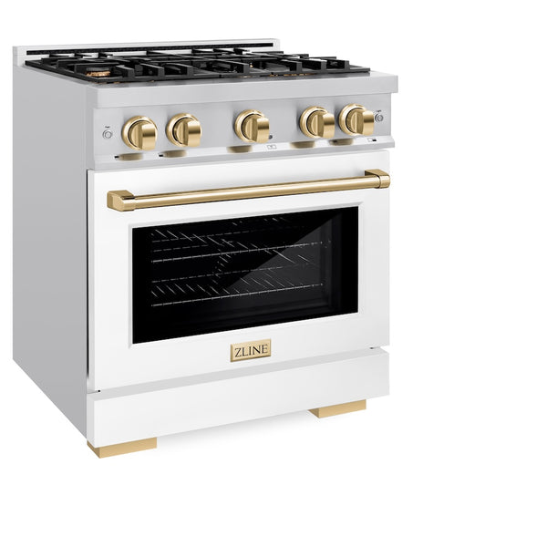 ZLINE Autograph Edition 30 in. 4.2 cu. ft. Select Gas Range with 4 Burner Cooktop and Convection Gas Oven in Stainless Steel with White Matte Door and Polished Gold Accents, Open Box-Great Condition