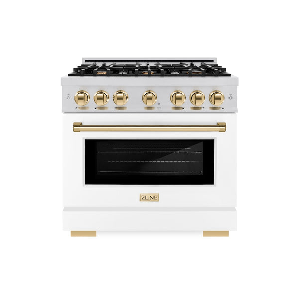 ZLINE Autograph Edition 36 in. 5.2 cu. ft. Select Gas Range with 6 Burner Cooktop and Convection Gas Oven in Stainless Steel with White Matte Door and Polished Gold Accents, Open Box-Great Condition