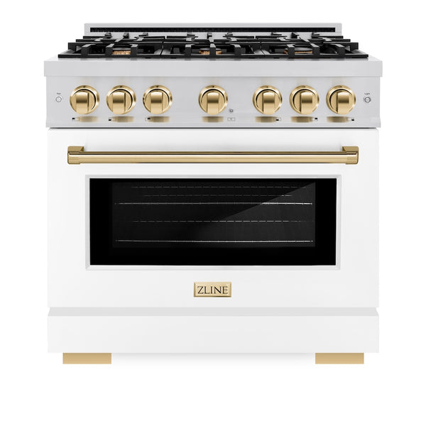 ZLINE Autograph Edition 36 in. 5.2 cu. ft. Select Gas Range with 6 Burner Cooktop and Convection Gas Oven in Stainless Steel with White Matte Door and Polished Gold Accents, Open Box-Great Condition
