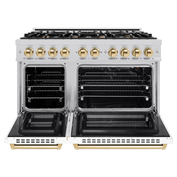 ZLINE Autograph Edition 48 in. 6.7 cu. ft. Select Double Oven Gas Range with 8 Burner Cooktop in Stainless Steel with White Matte Doors and Polished Gold Accents, Open Box-Great Condition