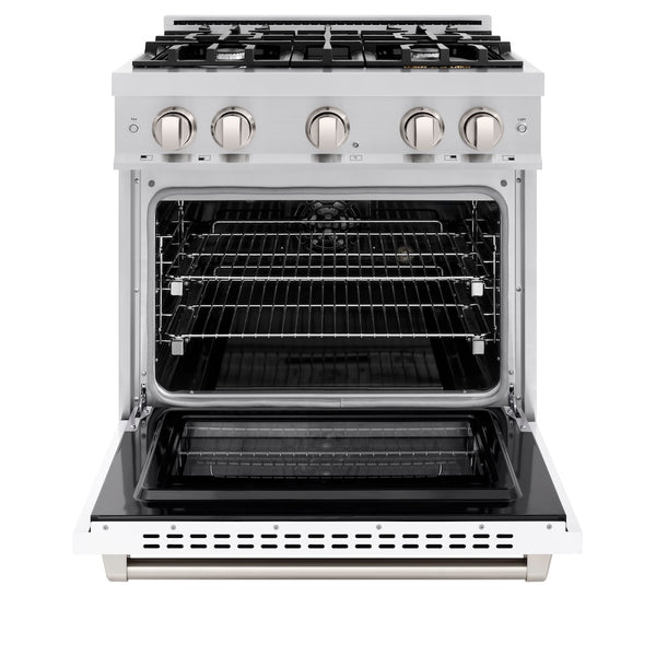 ZLINE 30 in. 4.2 cu. ft. Select Dual Fuel Range with 4 Burner Gas Cooktop and Electric Convection Oven in Satin Stainless Steel with White Matte Door, Open Box-Great Condition