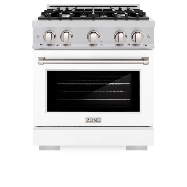 ZLINE 30 in. 4.2 cu. ft. Select Dual Fuel Range with 4 Burner Gas Cooktop and Electric Convection Oven in Satin Stainless Steel with White Matte Door, Open Box-Great Condition