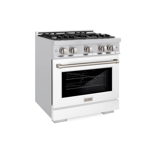 ZLINE 30 in. 4.2 cu. ft. Select Dual Fuel Range with 4 Burner Gas Cooktop and Electric Convection Oven in Stainless Steel with White Matte Door, Open Box-Great Condition