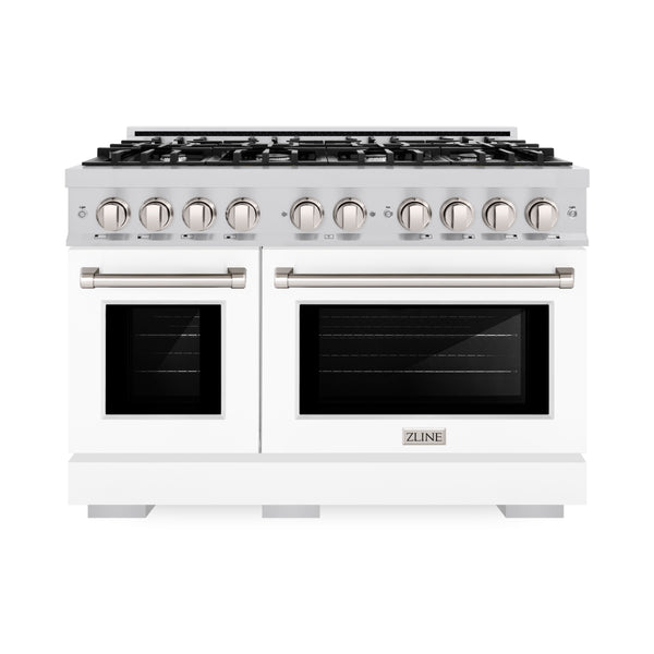 ZLINE 48 in. 6.7 cu. ft. Select Double Oven Gas Range with 8 Burner Cooktop in Stainless Steel with White Matte Doors (HGR-WM-48)