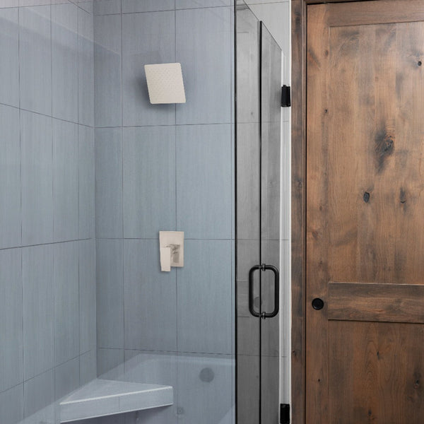 ZLINE Bliss 12 in. Rainfall Shower Head in Brushed Nickel (BLS-H12-BN) in a luxury bathroom.