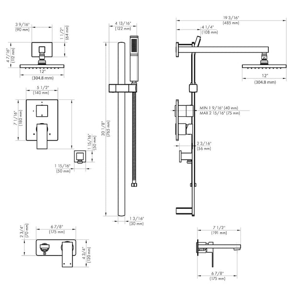 ZLINE Bliss Rainfall Shower System with 12 in. Oversized Shower Head in Brushed Nickel (BLS-SHS12-BN) dimensional diagram.