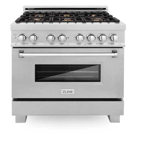 ZLINE 36 in. 4.6 cu. ft. Legacy Dual Fuel Range with Gas Cooktop and Electric Convection Oven in Satin Stainless Steel with 6 Brass Burners (RAS-SN-BR-36)