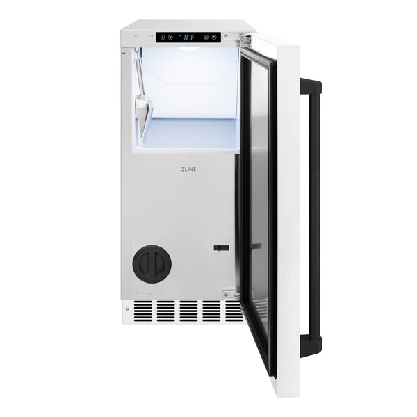 ZLINE Autograph Edition 15 in. Touchstone Clear Cube Ice Maker with Drain Pump and White Matte Door with Matte Black Handle (ICCDZ-WM-15-MB)