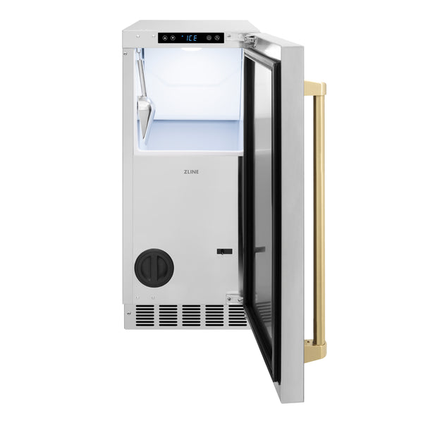 ZLINE Autograph Edition 15 in. Touchstone Clear Cube Ice Maker with Drain Pump and Solid Stainless Steel Door with Champagne Bronze Handle (ICCDZ-ST-15-CB)