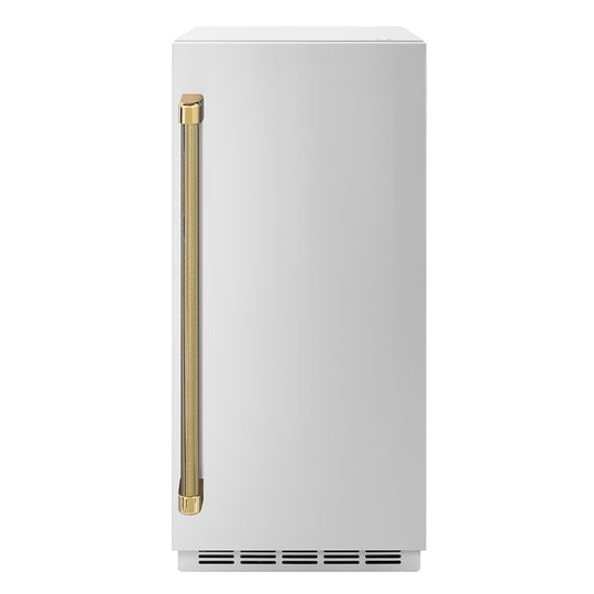 ZLINE Autograph Edition 15 in. Touchstone Clear Cube Ice Maker with Drain Pump and Solid Stainless Steel Door with Polished Gold Helix Handle (ICCDZ-ST-15-KG)