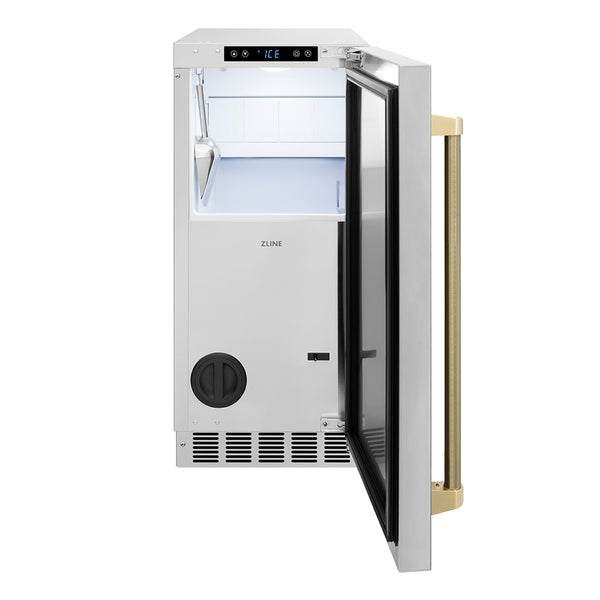 ZLINE Autograph Edition 15 in. Touchstone Gourmet Ice Maker with Drain Pump and Solid Stainless Steel Door with Champagne Bronze Helix Handle (IGMDZ-ST-15-KCB)