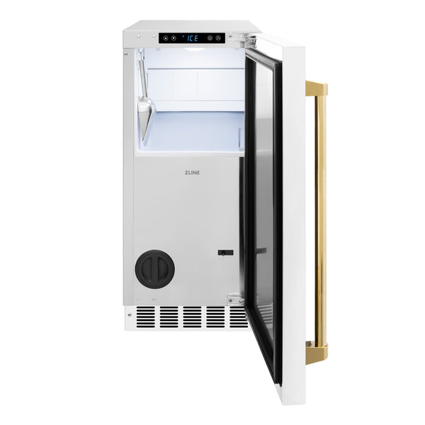 ZLINE Autograph Edition 15 in. Touchstone Gourmet Ice Maker with Drain Pump and White Matte Door with Polished Gold Handle (IGMDZ-WM-15-G)
