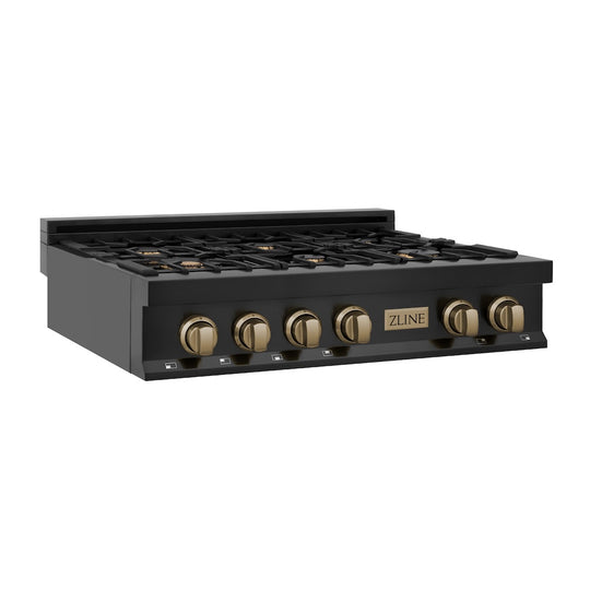 ZLINE Autograph Edition 36 in. Legacy Gas Rangetop with 6 Burners and Porcelain Cooktop in Black Stainless Steel with Champagne Bronze Accents, Open Box-Great Condition