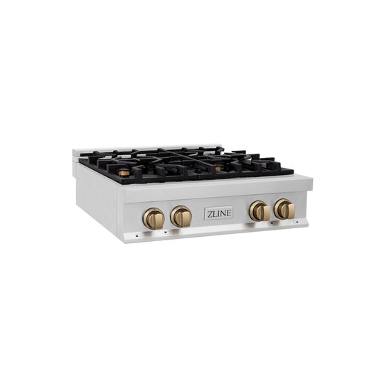ZLINE Autograph Edition 30 in. Legacy Gas Rangetop with 4 Burners and Porcelain Cooktop in Stainless Steel with Champagne Bronze Accents, Open Box-Great Condition