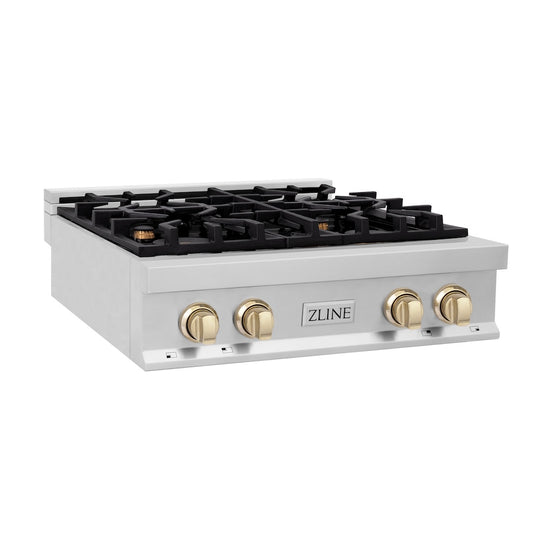 ZLINE Autograph Edition 30 in. Legacy Gas Rangetop with 4 Burners and Porcelain Cooktop in Stainless Steel with Polished Gold Accents, Open Box-Great Condition