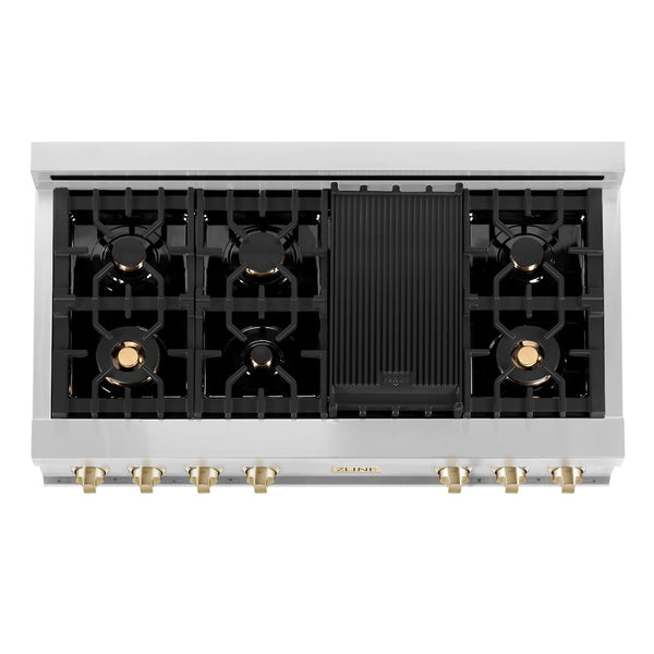 ZLINE Autograph Edition 48 in. Legacy Gas Rangetop with 7 Burners and Porcelain Cooktop in Stainless Steel with Polished Gold Accents (RTZ-48-G)