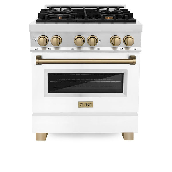 ZLINE Autograph Edition 30 in. 4.0 cu. ft. Legacy Dual Fuel Range with 4 Burner Gas Cooktop and Electric Convection Oven in Stainless Steel with White Matte Door and Champagne Bronze Accents, Open Box-Good Condition